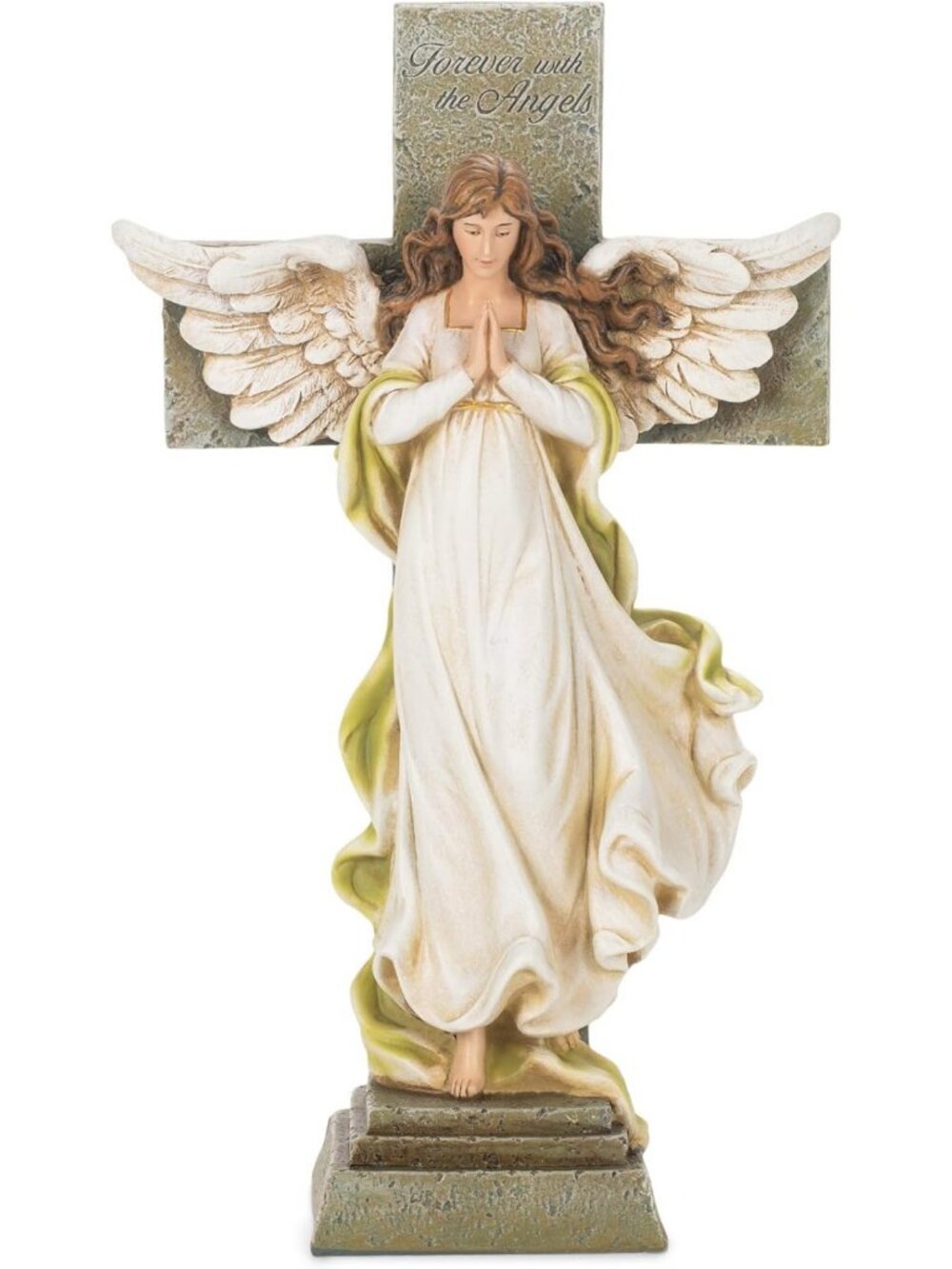 Memorial Angel Statue with Cross - Religious Garden Décor, Holy Family, 12" Tall